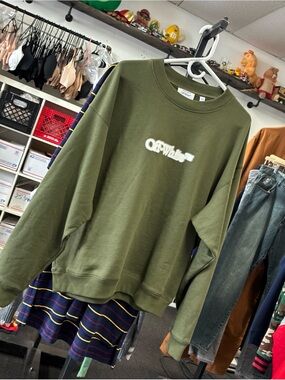 Off-White Men’s S Green Crewneck Graphic Logo 100% Cotton Sweatshirt Rare Used